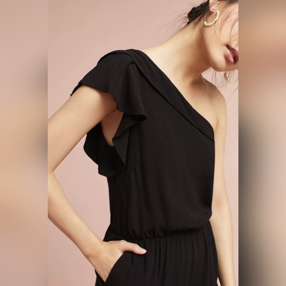 Greylin Ruffled One Shoulder Jumpsuit Black Size Medium